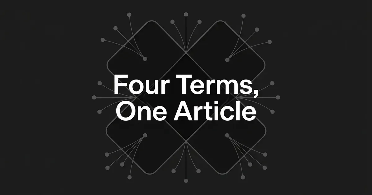 Four rounded diamond shapes overlap at the center of a charcoal background beneath the words Four Terms, One Article, with thin lines and nodes fanning outward from each shape.