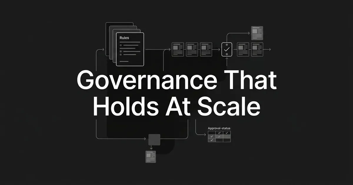 Monochrome line diagram on charcoal showing a stack of rule cards feeding a pipeline of article tiles through an approval checkpoint, with one item routed aside and a small approval-status grid, behind the white cover line Governance That Holds At Scale.
