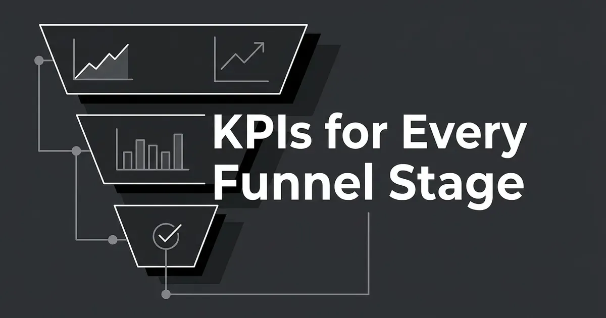 Three stacked funnel-shaped panels in white and gray linework on a charcoal background, each holding a small chart, beside the cover line KPIs for Every Funnel Stage.