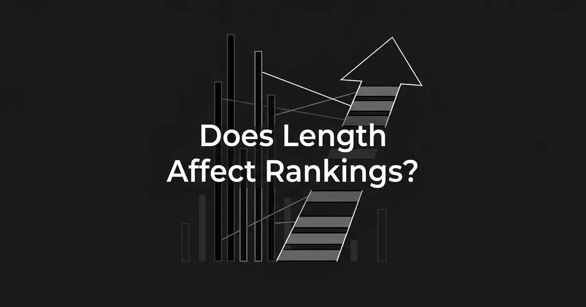 An abstract monochrome illustration of varying-height bar chart columns connected by thin lines to a ladder-shaped upward arrow, with the text Does Length Affect Rankings on a charcoal background.