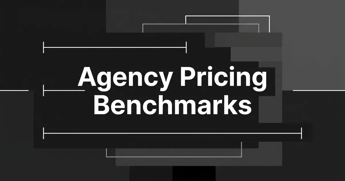 Monochrome cover with the words Agency Pricing Benchmarks centered over layered gray cards and three horizontal range bars of different lengths.