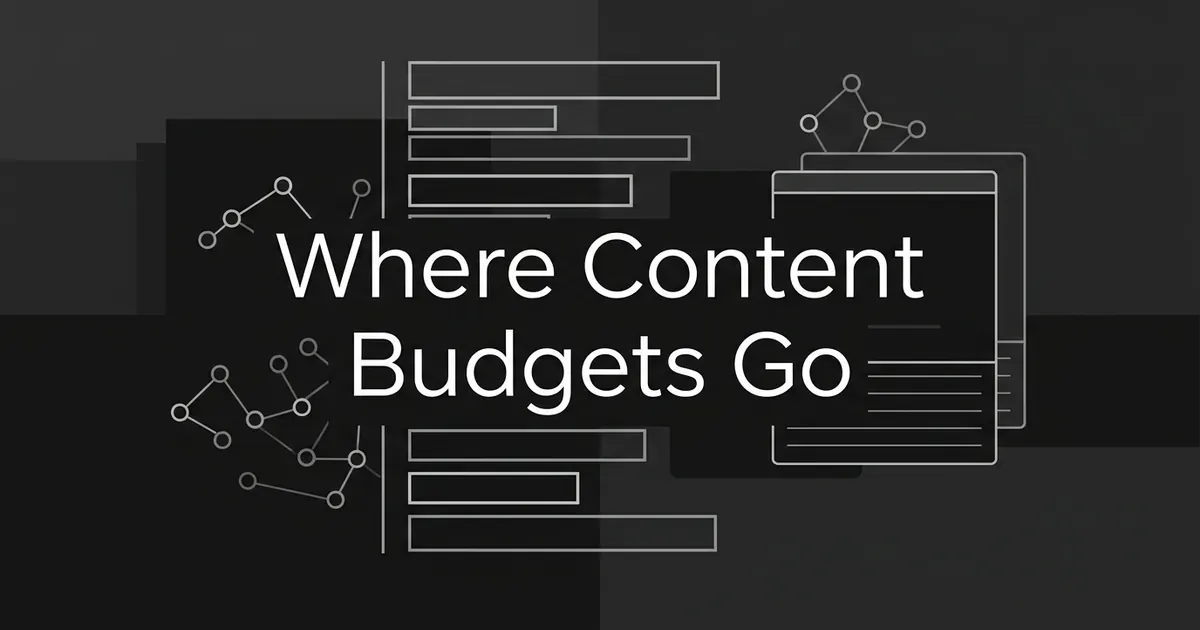 Abstract monochrome cover with the words Where Content Budgets Go centered over gray horizontal bar fragments, node clusters and layered cards on a charcoal background.