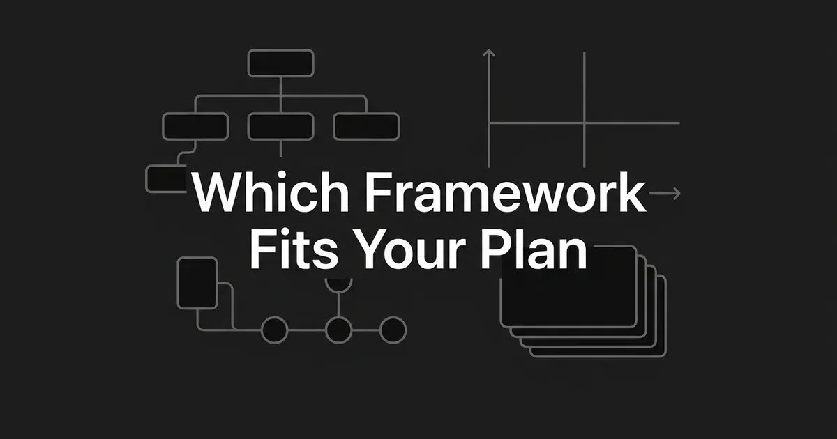 A monochrome illustration with a flowchart tree, an axis grid, a chain of connected nodes, and a stack of layered cards arranged around the centered white text: Which Framework Fits Your Plan.