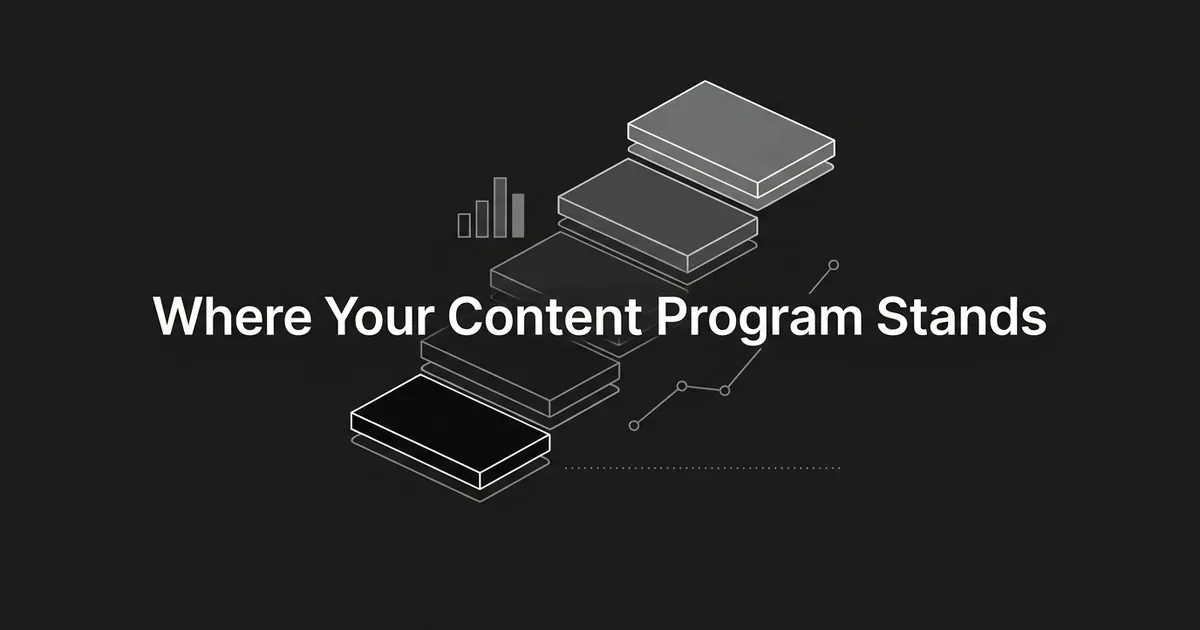 Monochrome illustration of five stacked cards rising like steps beside small bar and line chart fragments, under the line Where Your Content Program Stands.
