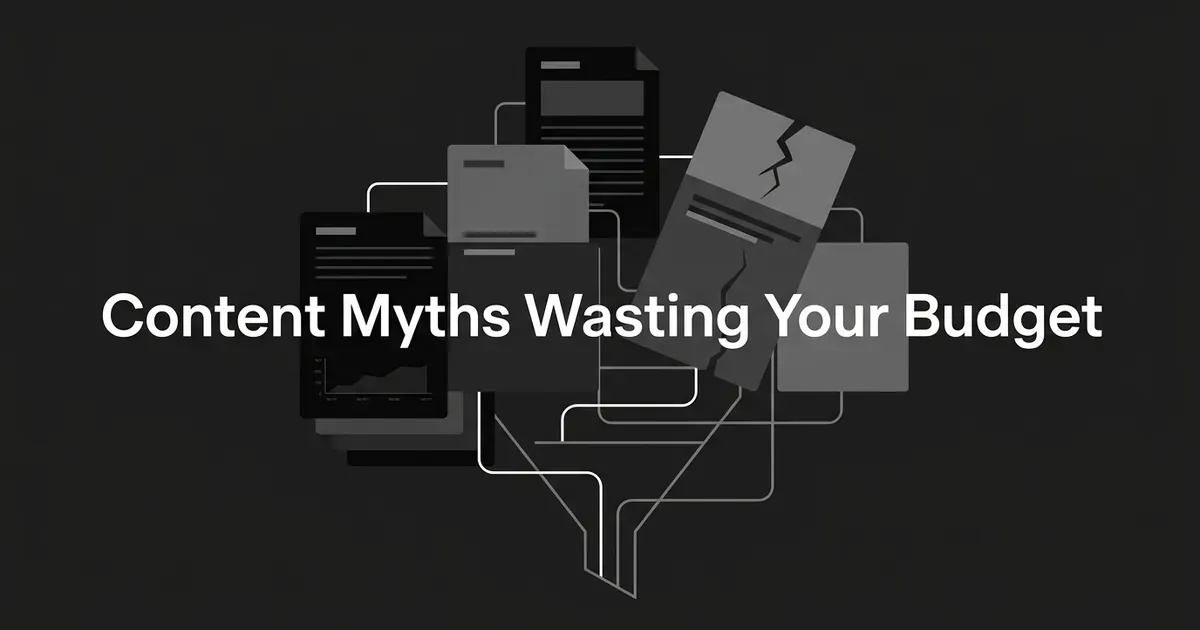 A stack of monochrome document cards, one cracked, connected by thin lines that funnel downward, with the words Content Myths Wasting Your Budget centered over them.