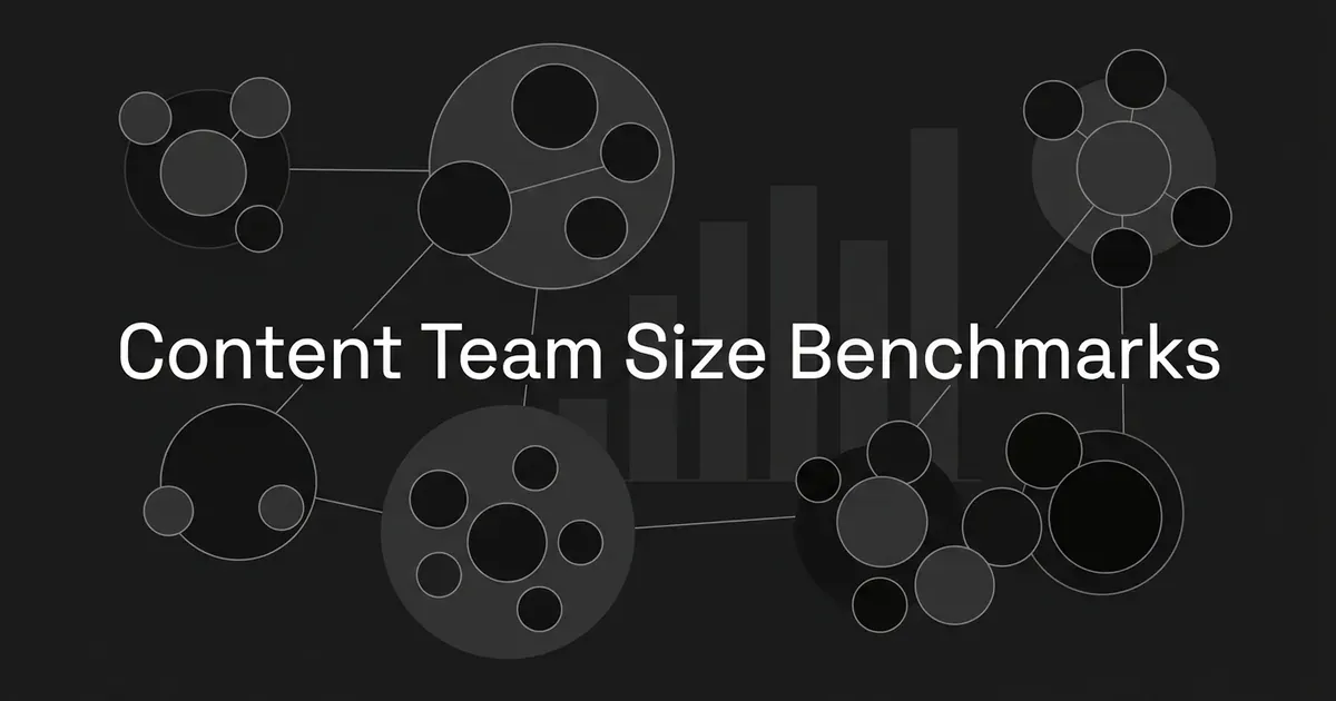 Monochrome diagram of connected circular clusters of different sizes around a faint bar chart, with the cover line Content Team Size Benchmarks centered.