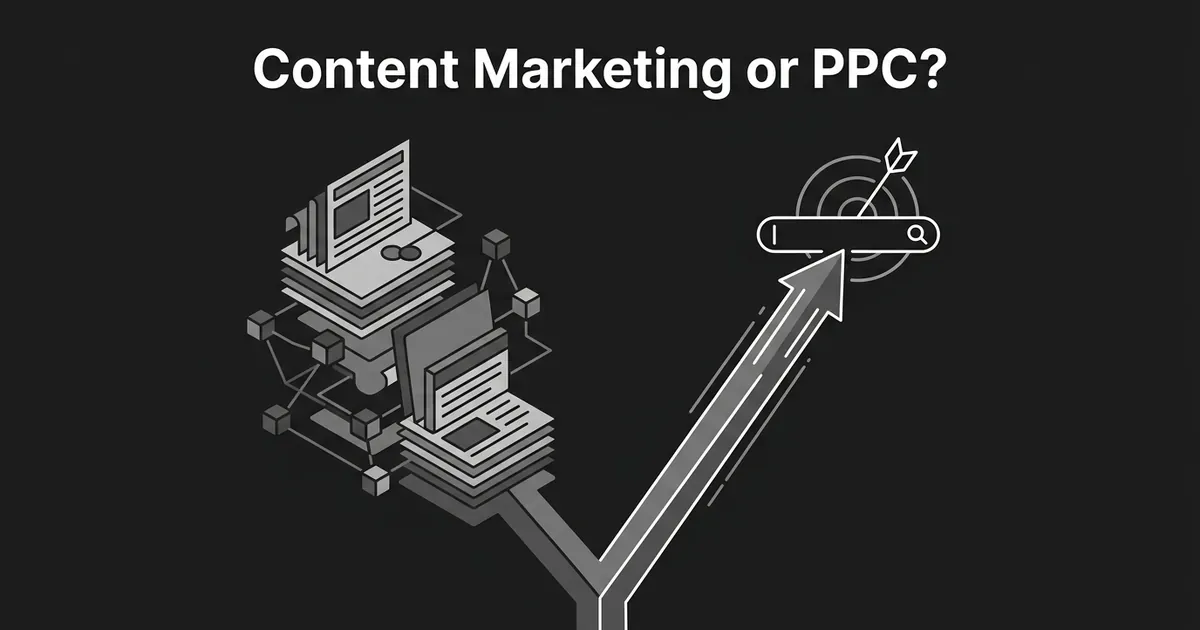 An illustration of a path splitting in two: one side shows a stack of connected content cards, the other shows an arrow flying toward a search bar and target, above the text Content Marketing or PPC.