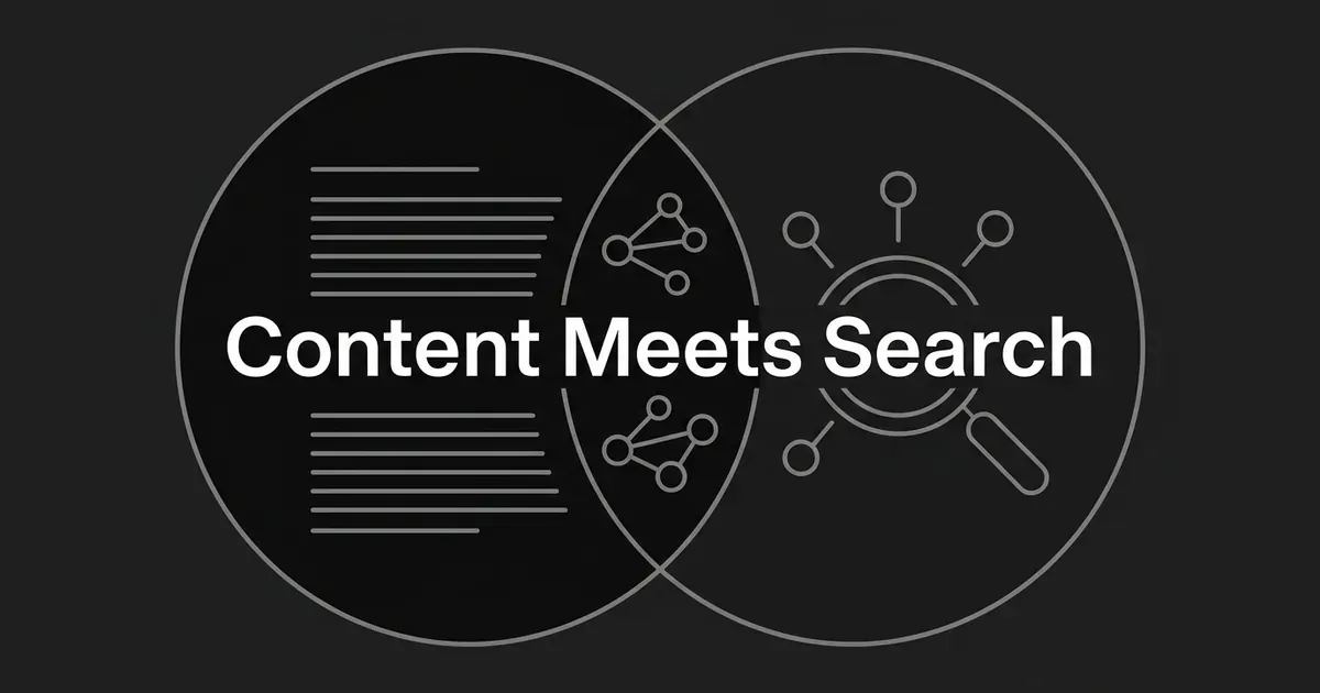Two overlapping monochrome circles, one filled with lines of text representing content and the other with a magnifying-glass search motif, meeting at a shared node cluster in the middle, with the words Content Meets Search centered across them.