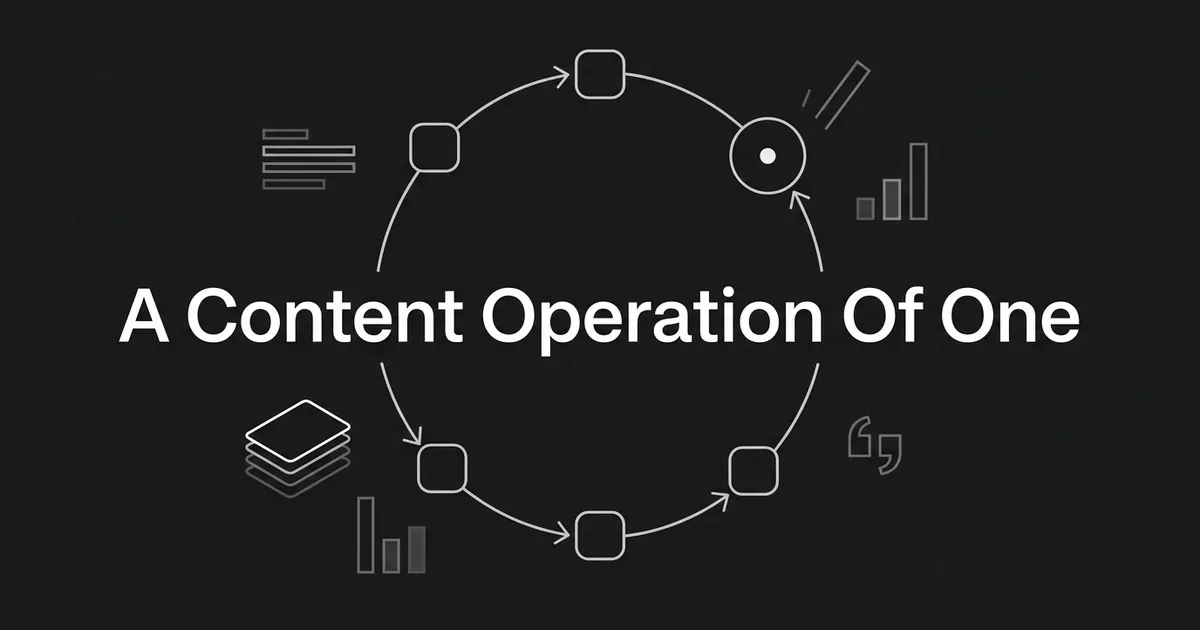 A monochrome diagram of five linked nodes forming a closed loop, with one marked node standing in for the single person running every stage of the content operation.