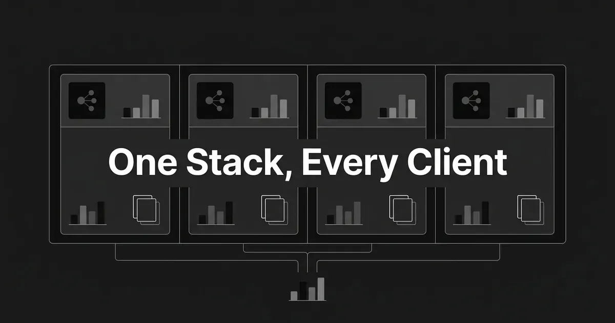 An abstract monochrome illustration of one wide container holding four walled-off client cards, each with the same small chart and document glyphs, their lines converging into a single chart below, under the cover line One Stack, Every Client.