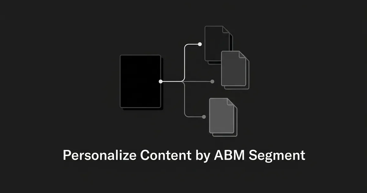 A dark abstract illustration showing one shared content card branching into three smaller variant cards, representing a base article splitting into personalized ABM segment versions, with the text Personalize Content by ABM Segment.