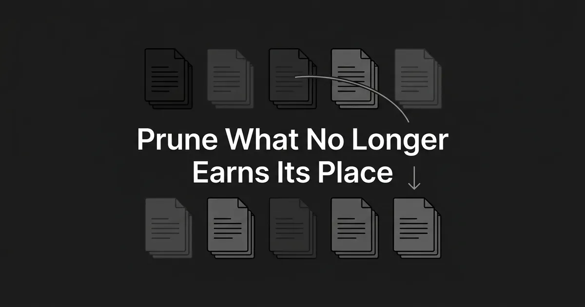 Two rows of stacked document icons on a charcoal background, with a curved arrow leading from a faded page in the top row down to the surviving pages below, under the line Prune What No Longer Earns Its Place.