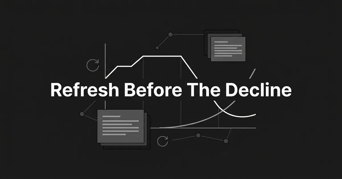A monochrome line chart rises, plateaus and falls, with a second line curving back up from the low point, behind the centred cover line Refresh Before The Decline.