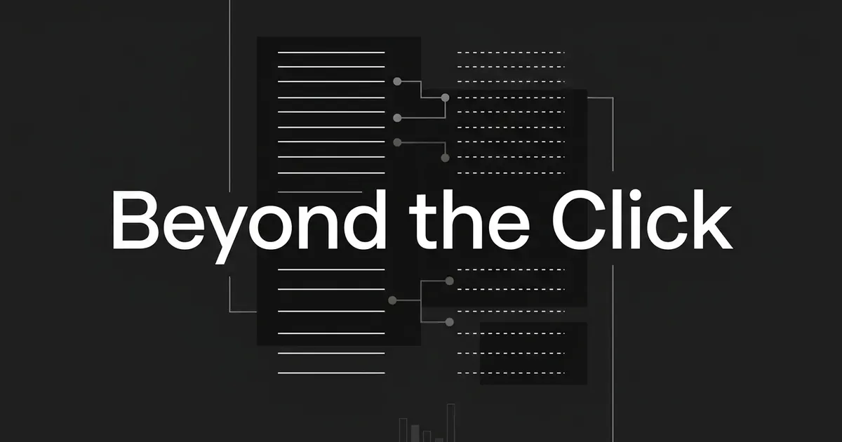 A dark editorial cover reading Beyond the Click, with two abstract ledger columns behind it, one drawn in solid lines and one in dotted lines, linked by a few small connector nodes.