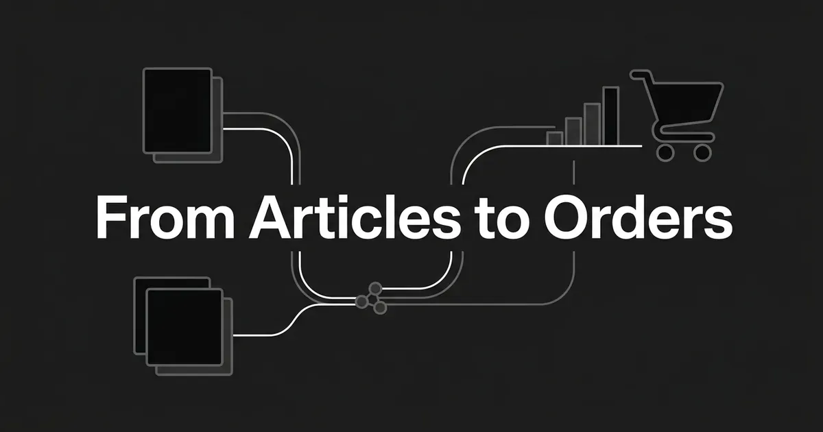 A monochrome diagram in which layered article cards on the left connect by thin lines through a node cluster into a rising bar chart and a shopping cart on the right, under the centred cover line From Articles to Orders.
