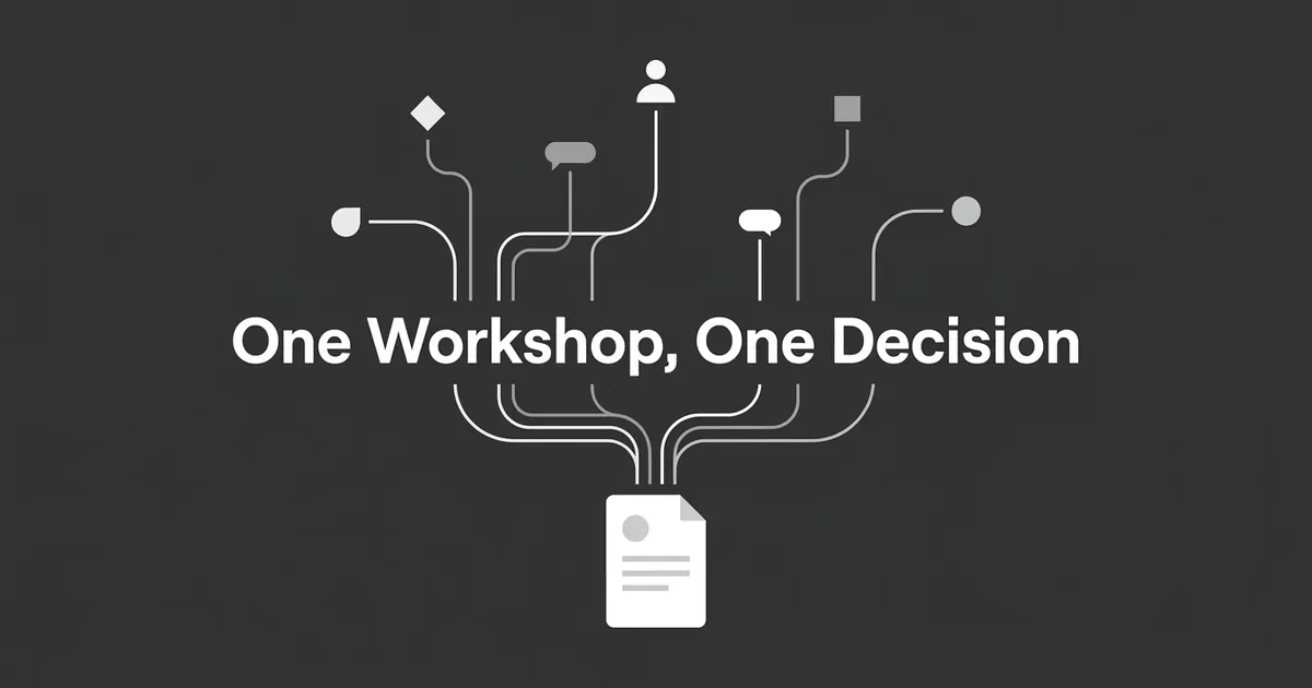 An illustration of scattered stakeholder icons connected by lines that converge into a single document, with the text One Workshop, One Decision, representing many perspectives resolving into one recorded content strategy decision.