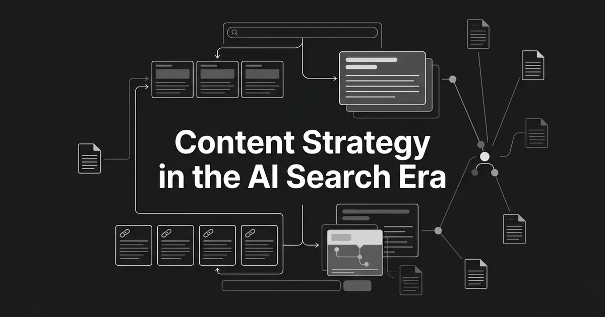 An abstract monochrome diagram of search result pages and link cards branching into a synthesized AI answer panel connected to scattered document icons, with the cover line Content Strategy in the AI Search Era in white centered text on a charcoal background.