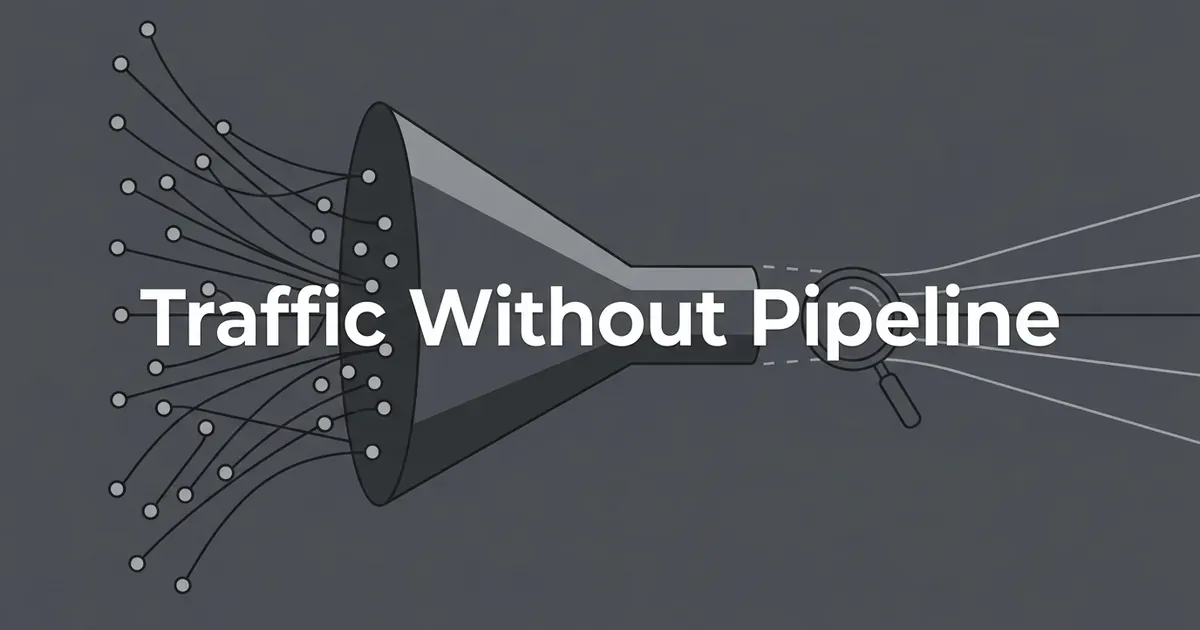 Abstract monochrome diagram of many small nodes flowing into a wide funnel with only a few thin lines leaving the narrow end, under the cover line Traffic Without Pipeline.