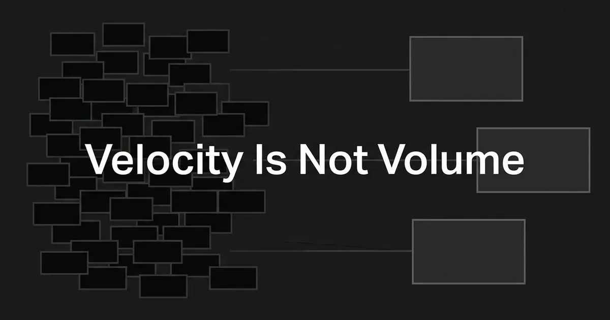 A dense cluster of small identical blocks on the left gives way to three large, widely spaced blocks on the right, beneath the line Velocity Is Not Volume.