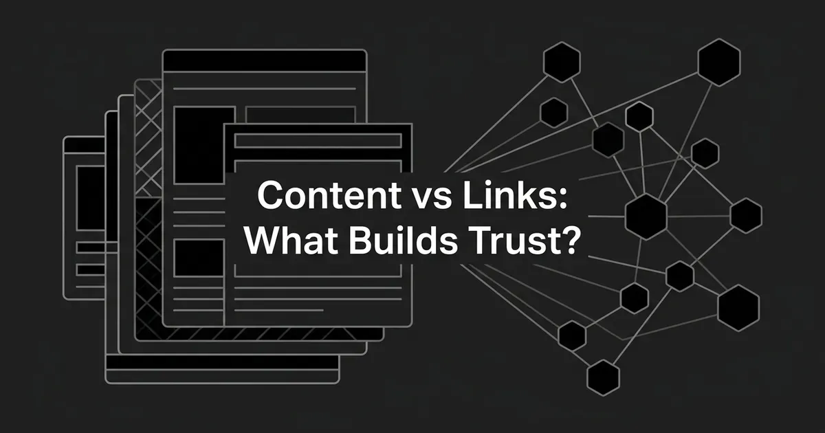 A monochrome illustration contrasting a stack of layered content pages on the left with a network of connected nodes representing external links on the right, under the cover line Content vs Links: What Builds Trust.