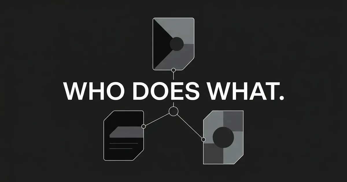 Three distinct abstract geometric card shapes connected by thin lines to a central node on a dark background, with the words Who Does What, representing three separate content roles linked into one system.