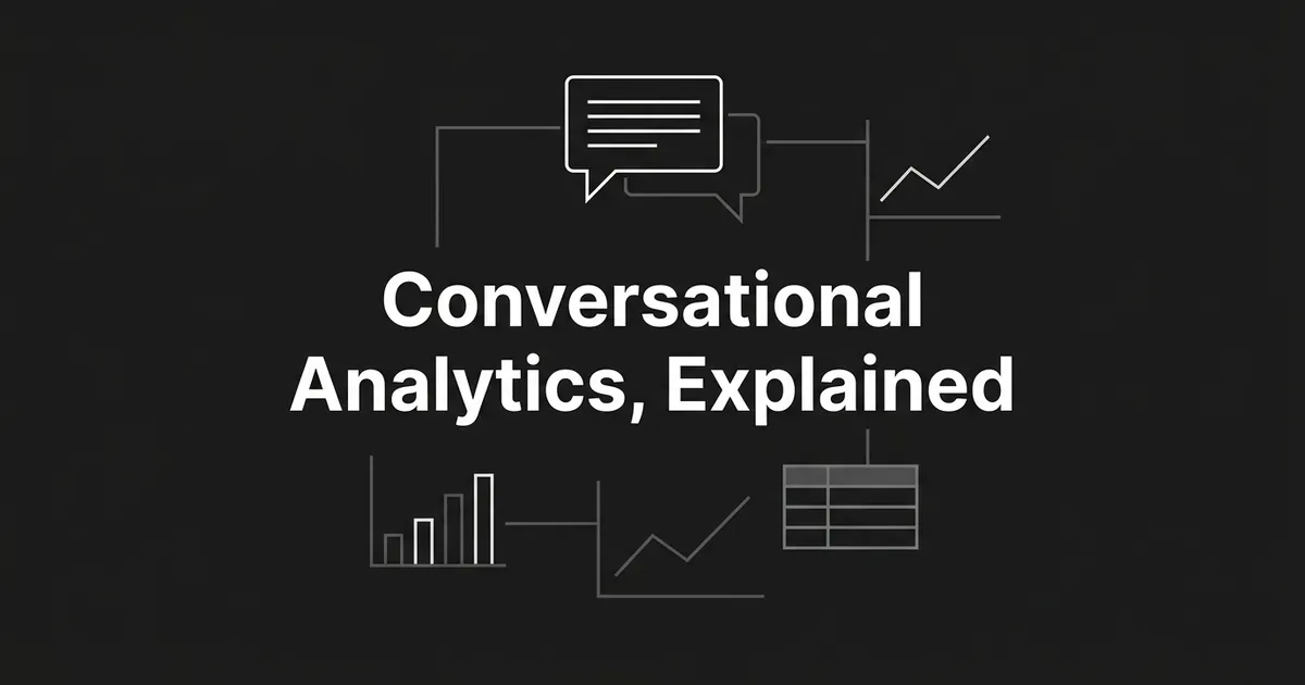 A white chat bubble connected by thin lines to a bar chart, a line trend, and a data table, illustrating a question resolving into a data-grounded answer, on a monochrome charcoal background with the text Conversational Analytics, Explained.