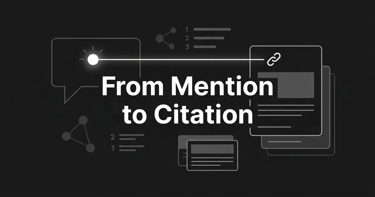 A monochrome abstract-geometric illustration on charcoal showing an AI answer bubble with a brand node linked by a bright white line to a highlighted source card with a citation icon, under the cover line From Mention to Citation.