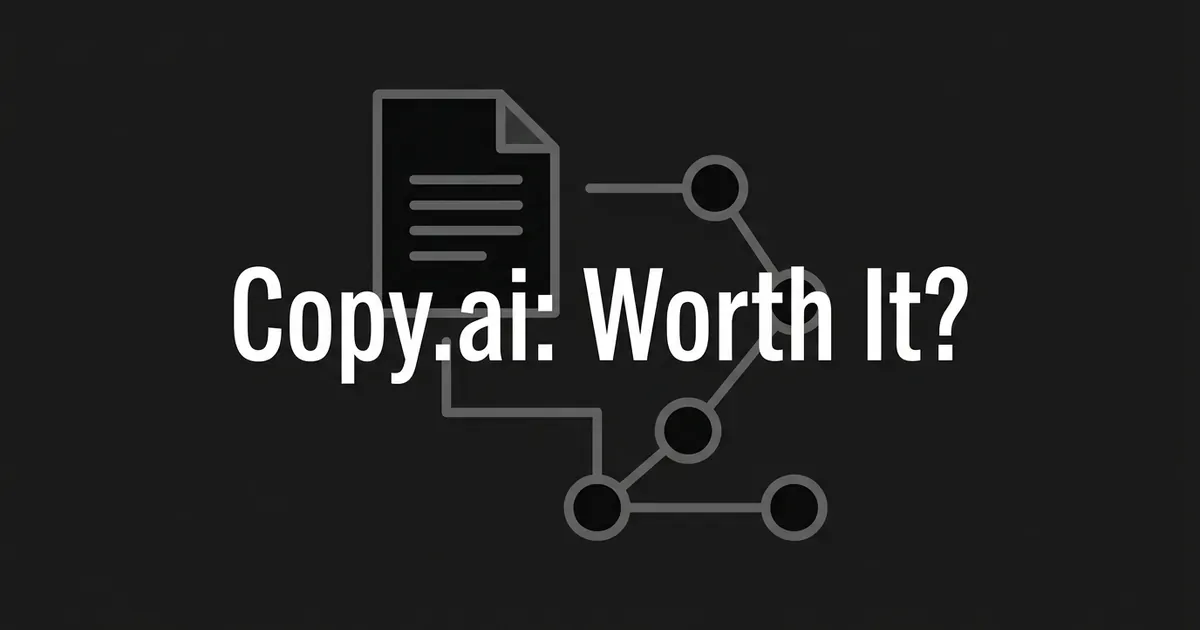 A monochrome illustration of a document icon connected by lines to small workflow nodes, with the text Copy.ai: Worth It centered on a charcoal background.