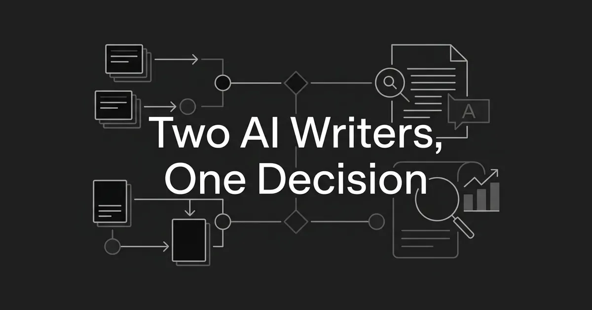 A monochrome cover reading Two AI Writers, One Decision, with two abstract clusters of cards, documents and search motifs converging on a single decision point.