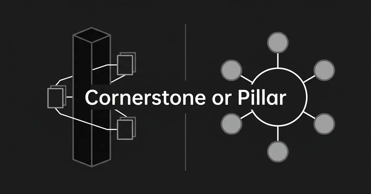A monochrome cover illustration contrasting two content models: a solid pillar column with linked card fragments on one side, and a central node ringed by connected spokes on the other, under the line Cornerstone or Pillar.