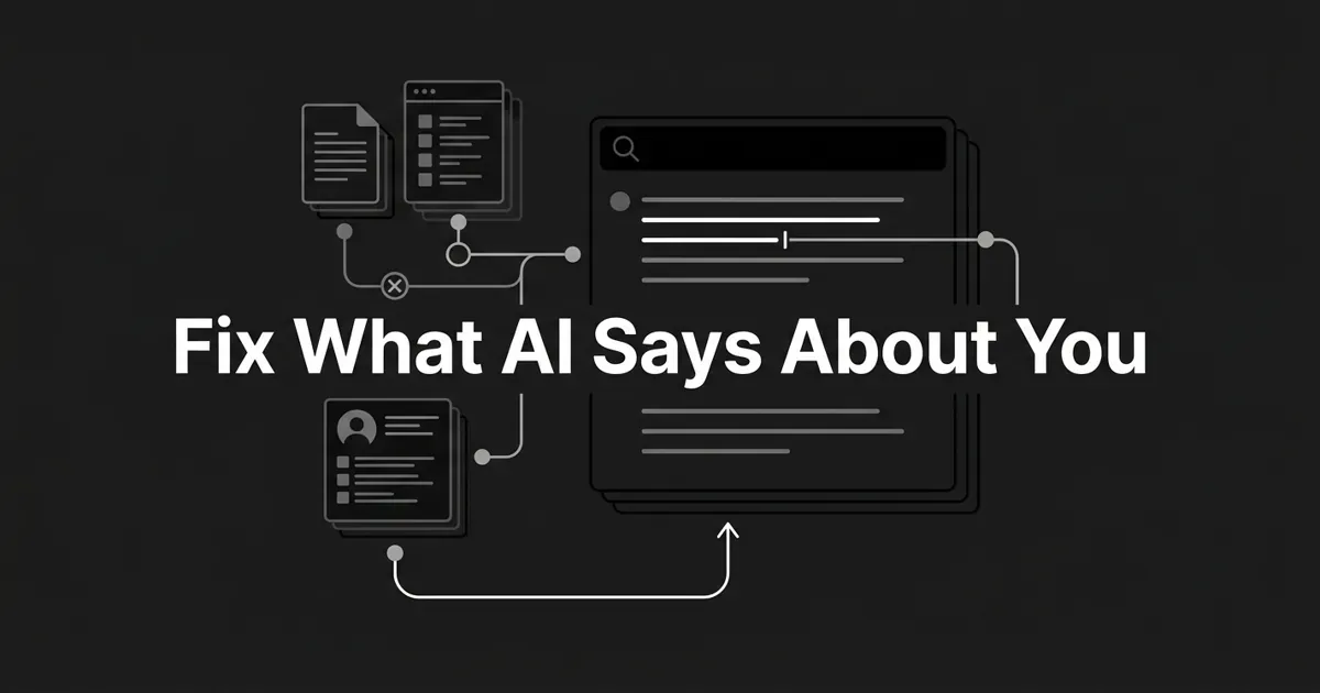 Monochrome flat-vector illustration of source documents and an entity record linked by connection lines into an AI answer panel, with the faulty source node marked by an X, under the centered cover line "Fix What AI Says About You".
