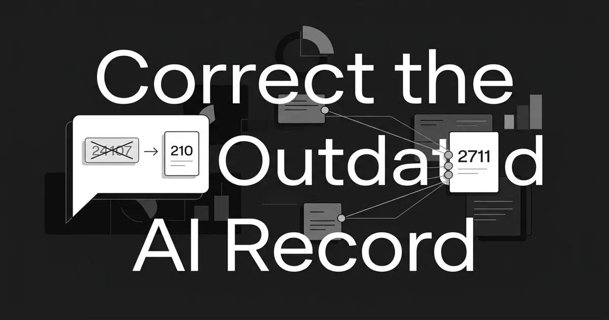 Monochrome geometric cover on a charcoal background showing source cards and connection nodes converging on one corrected data card, with the centered white cover line Correct the Outdated AI Record.