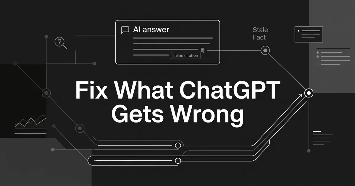 Monochrome abstract diagram on a charcoal background showing an AI answer card and a stale brand fact node being replaced by a corrected node, under the white cover line Fix What ChatGPT Gets Wrong.