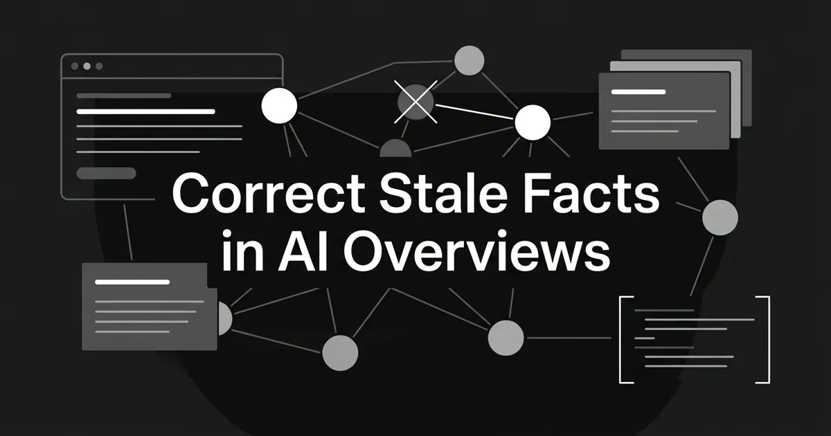 Monochrome knowledge-graph diagram with a crossed-out stale node re-linked to a corrected node, surrounded by search-result cards and structured-data brackets, under the white cover line Correct Stale Facts in AI Overviews.