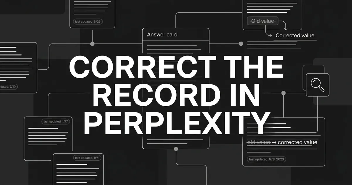 Monochrome abstract-geometric cover showing a Perplexity answer card being rebuilt from freshly retrieved source-page fragments, with the white cover line 'Correct the Record in Perplexity' on charcoal.