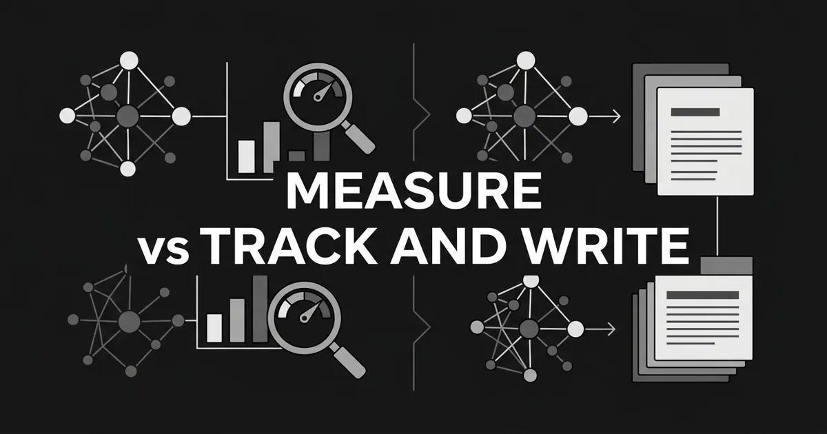 Monochrome abstract cover contrasting a measurement-only setup (node clusters feeding a bar chart and magnifier gauge) with a track-and-write setup (node clusters feeding stacked document cards), under the white cover line MEASURE vs TRACK AND WRITE.
