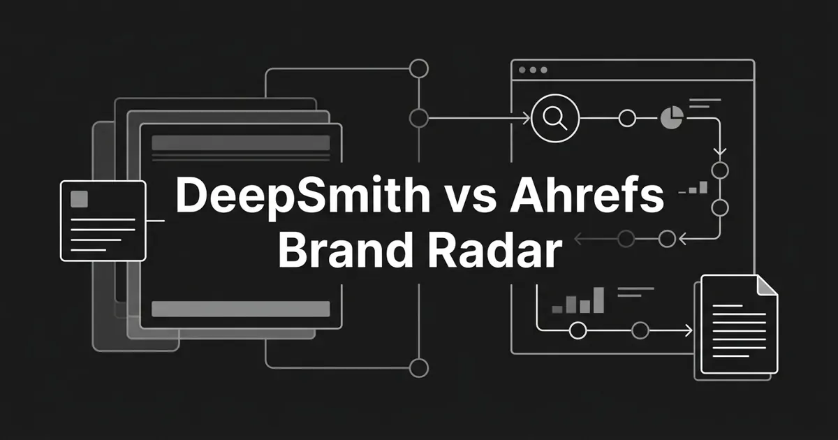 Monochrome abstract cover with the centered white cover line DeepSmith vs Ahrefs Brand Radar, showing a small add-on module docked to a layered card stack on one side and a self-contained measure-then-produce pipeline of connected nodes on the other.