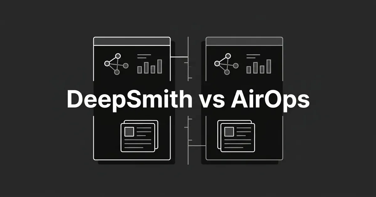 A monochrome abstract cover showing two balanced panels of nodes, chart fragments, and stacked cards facing each other across a center divider, with the white cover line DeepSmith vs AirOps centered on a charcoal background.