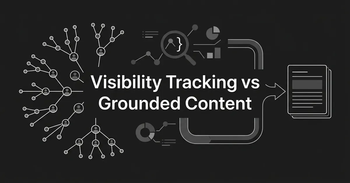 Monochrome cover with the white cover line Visibility Tracking vs Grounded Content, showing branching agent nodes on the left and a search-and-answer motif flowing through a pipeline into a finished document card on the right.