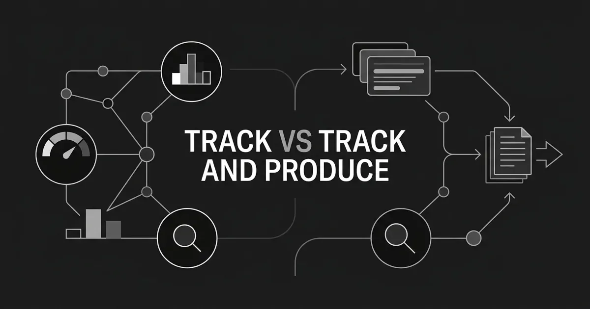 Monochrome charcoal cover with the centered white line TRACK VS TRACK AND PRODUCE, a left cluster of nodes, a gauge, and a bar chart for AI-search tracking flowing into right-side document cards and a publish arrow for content production.