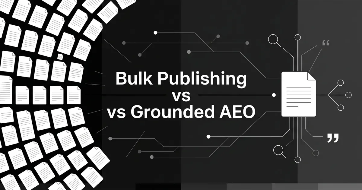 Monochrome abstract-geometric cover contrasting a dense grid of small page cards for bulk AI publishing against a single grounded page node linked to search and citation motifs, under the centered white cover line Bulk Publishing vs Grounded AEO.