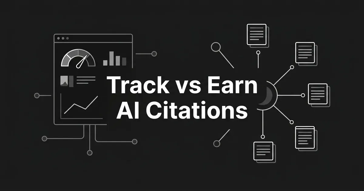 A monochrome flat-vector cover on a charcoal background showing a tracking analytics panel with a gauge and chart fragments beside a source node linking out to answer cards, under the centered white cover line Track vs Earn AI Citations.