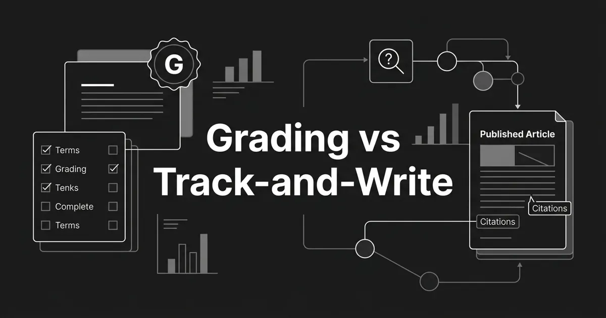 Monochrome cover illustration contrasting a graded document card with recommended terms against a connected pipeline of nodes flowing into a published, citation-marked article, under the white cover line Grading vs Track-and-Write.