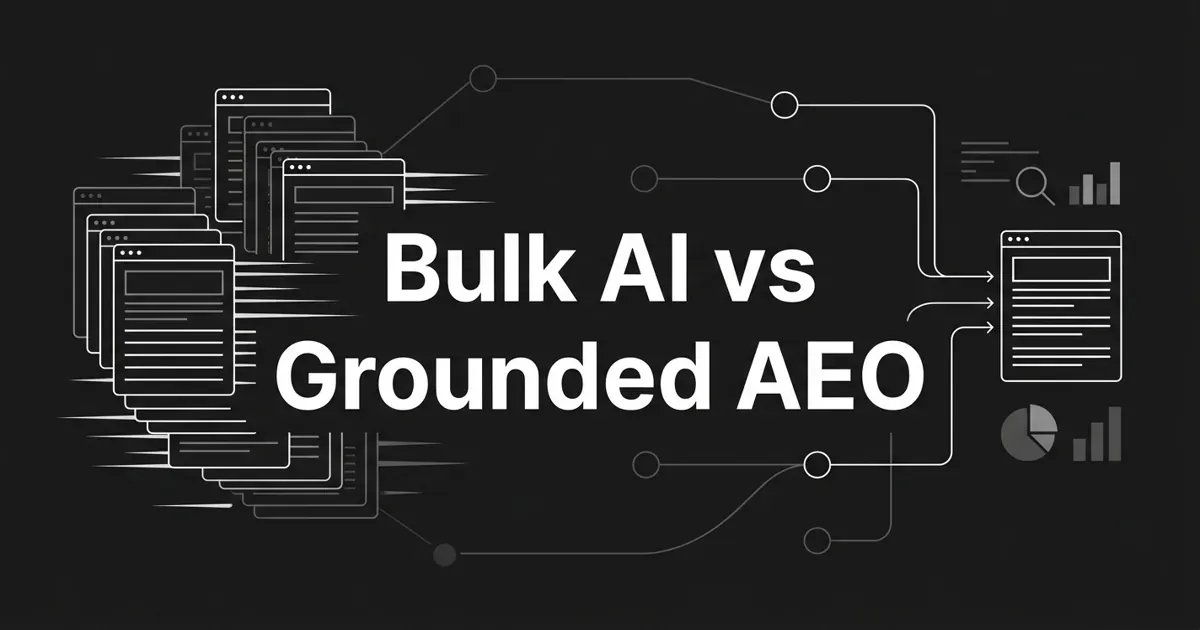 Monochrome abstract cover contrasting a dense stack of identical article cards for bulk AI generation against a small set of connected nodes feeding one grounded article, under the white cover line Bulk AI vs Grounded AEO.