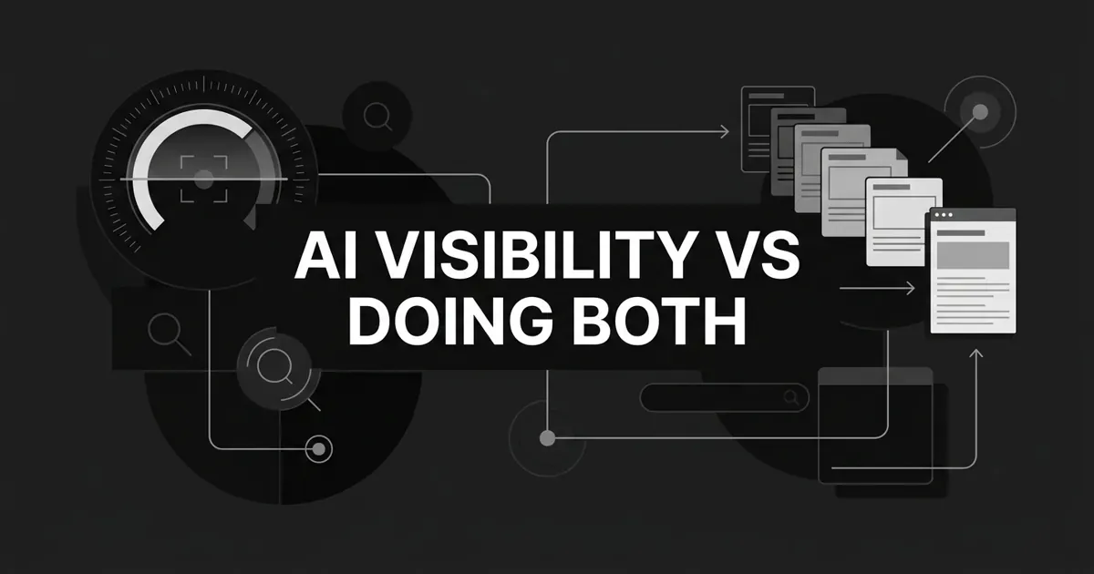 Monochrome abstract-geometric cover showing an AI-visibility score dial connected by lines to a content-production pipeline of layered cards, under the centered white cover line AI Visibility vs Doing Both.