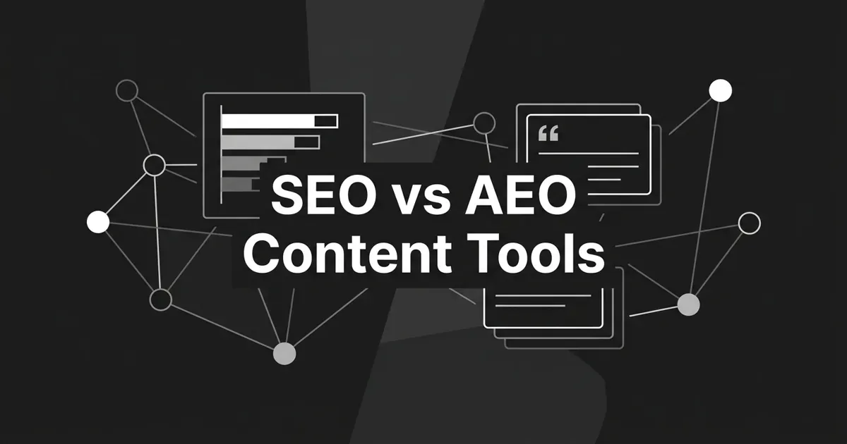 Monochrome abstract cover with the centered white cover line SEO vs AEO Content Tools above two contrasting node clusters, one a ranking bar chart fragment and one an answer-and-citation motif, connected by thin gray lines on a charcoal background.