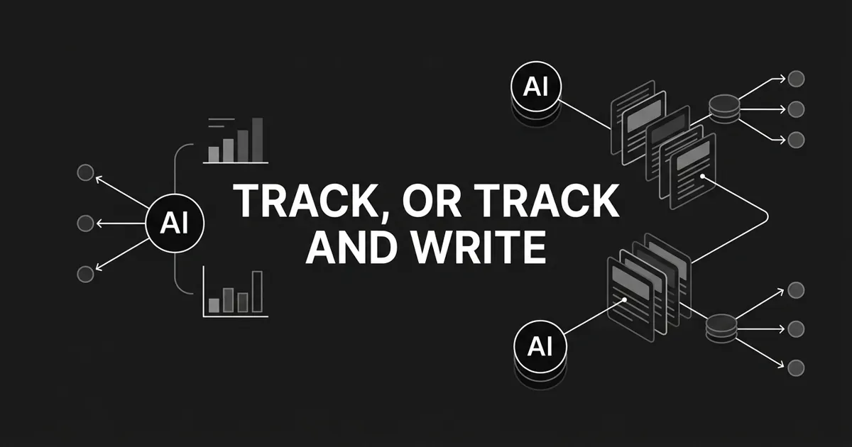 Monochrome abstract-geometric cover contrasting a single AI-visibility tracking node with a full content pipeline of layered cards and distribution nodes, under the white cover line Track, or Track and Write.