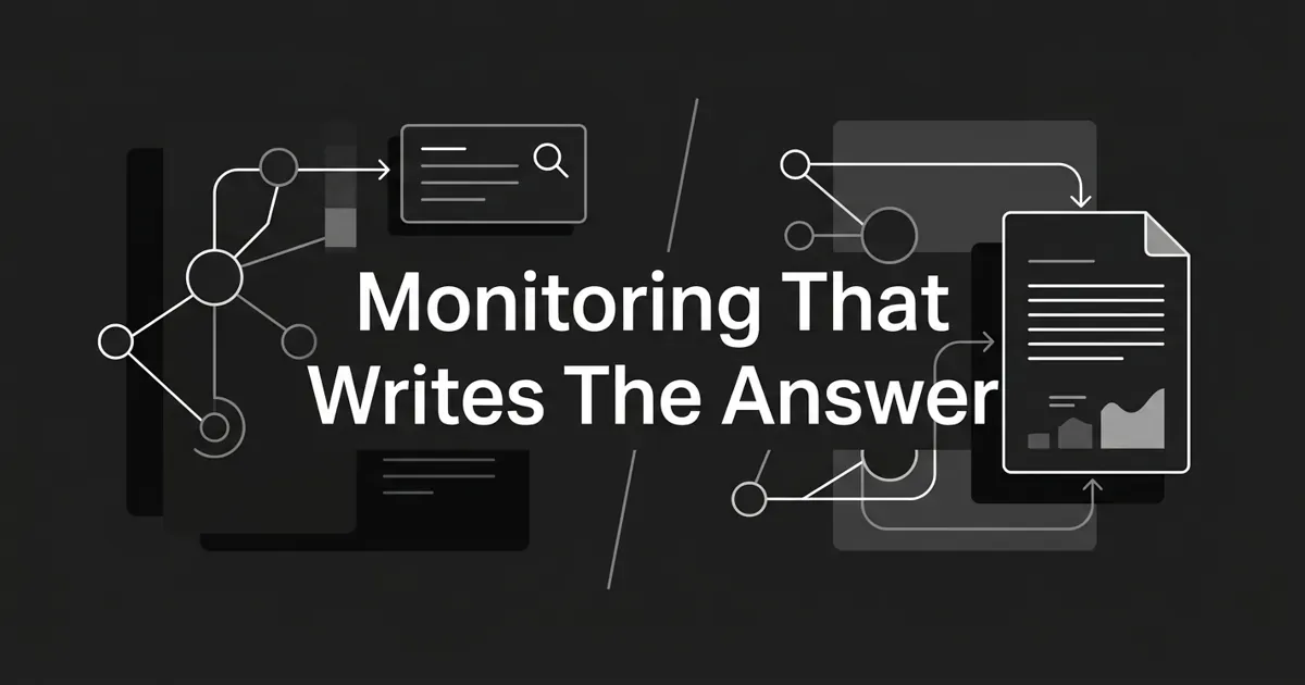 Monochrome charcoal cover showing an AI-answer monitoring motif of nodes and a search answer card flowing into a written document card, under the white cover line Monitoring That Writes The Answer.