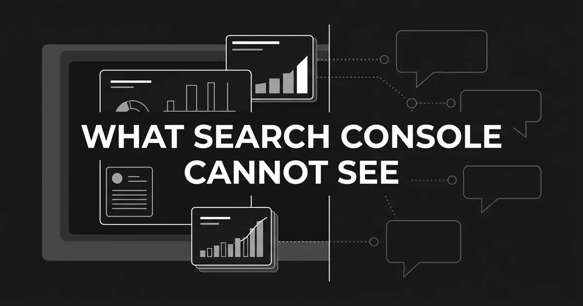 Monochrome abstract cover with the centered white cover line What Search Console Cannot See, showing a lit dashboard of charts and report cards on the left of a vertical dividing line and four faint gray answer bubbles beyond it, connected by dotted lines that stop at the boundary.