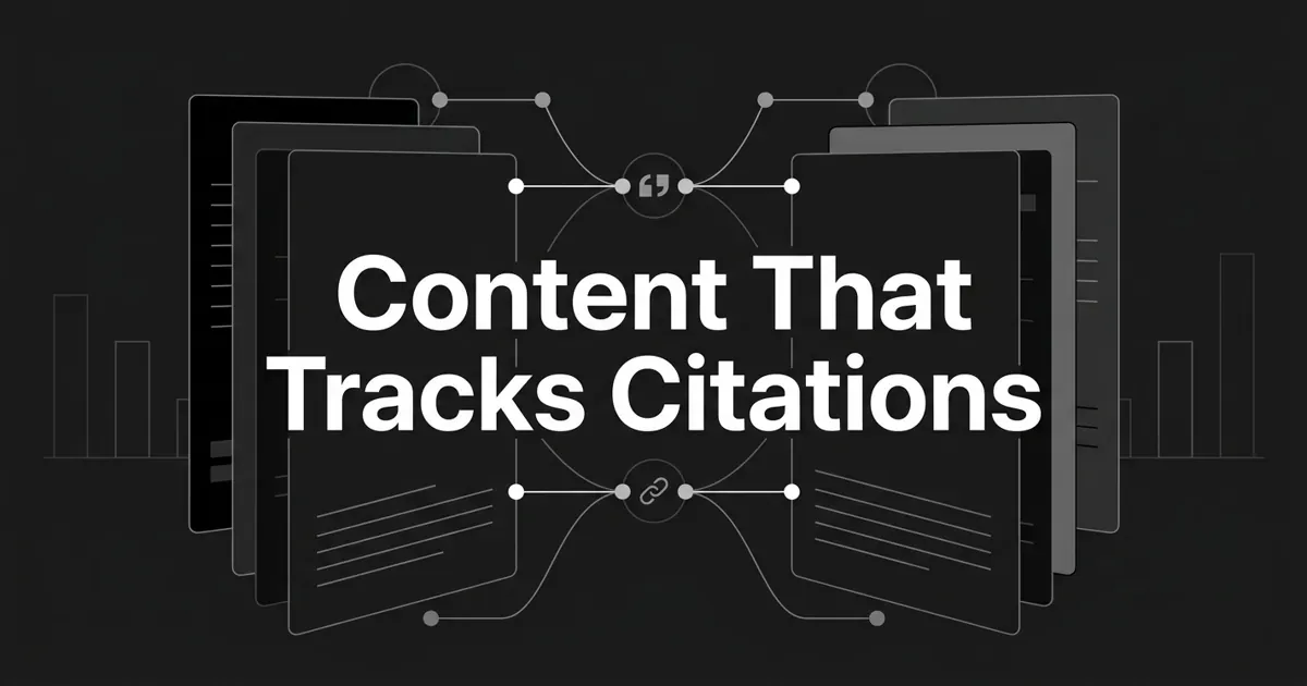 Monochrome abstract cover showing two facing columns of layered cards connected by nodes and citation lines on a charcoal background, with the centered white cover line Content That Tracks Citations.